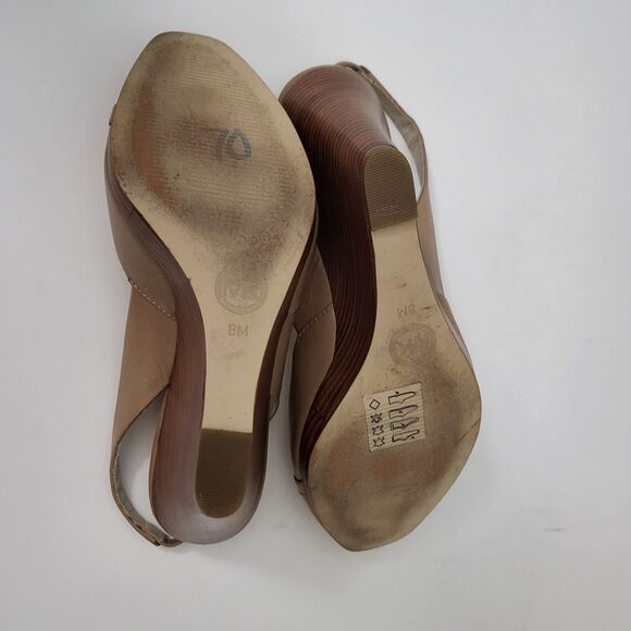 MICHAEL KORS Rochelle Heels 8 Peep Toe Tan Leather Gold MK Wedge Slingback - Picture 8 of 9